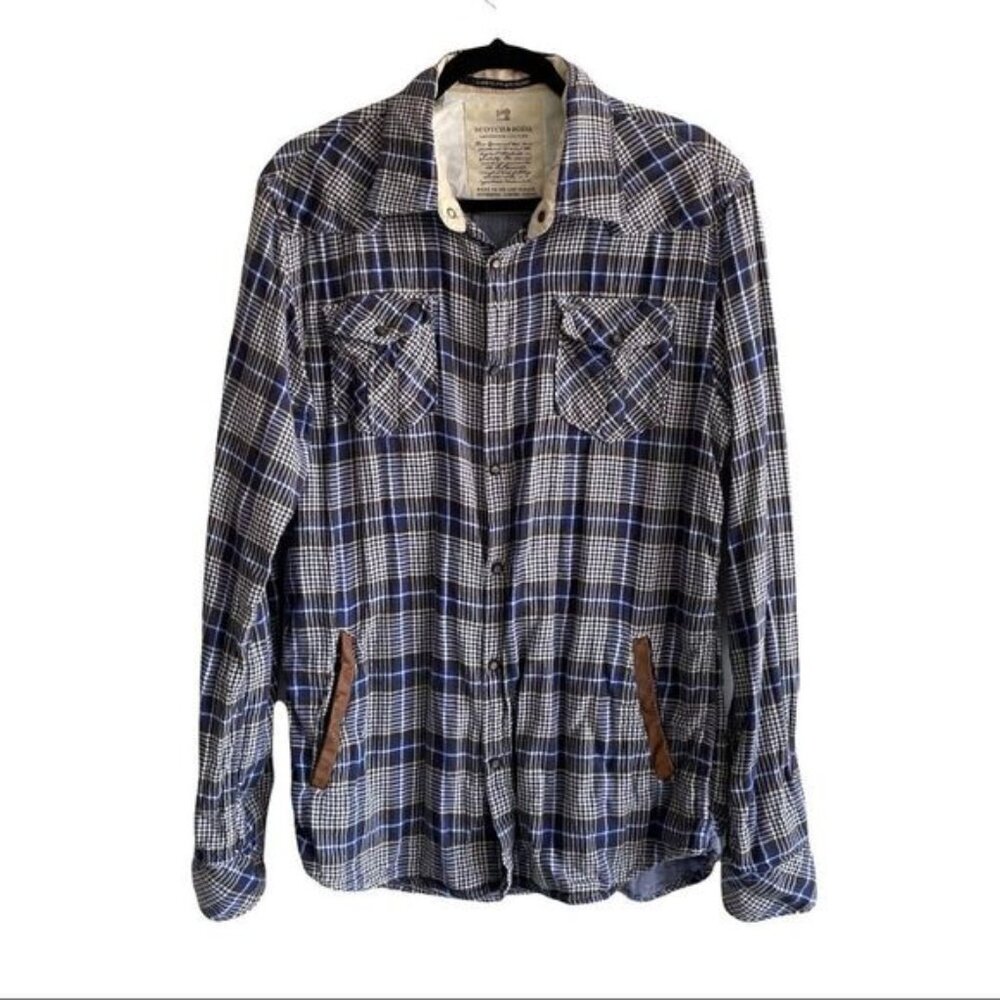 SCOTCH  SODA Men’s Plaid Cotton Flannel Button Front Shirt Blue White XL